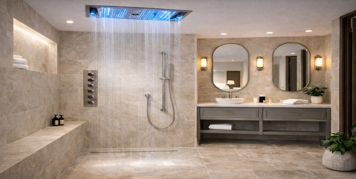 Fontana Eibar 4 function LED shower head in brushed nickel installed in a modern shower